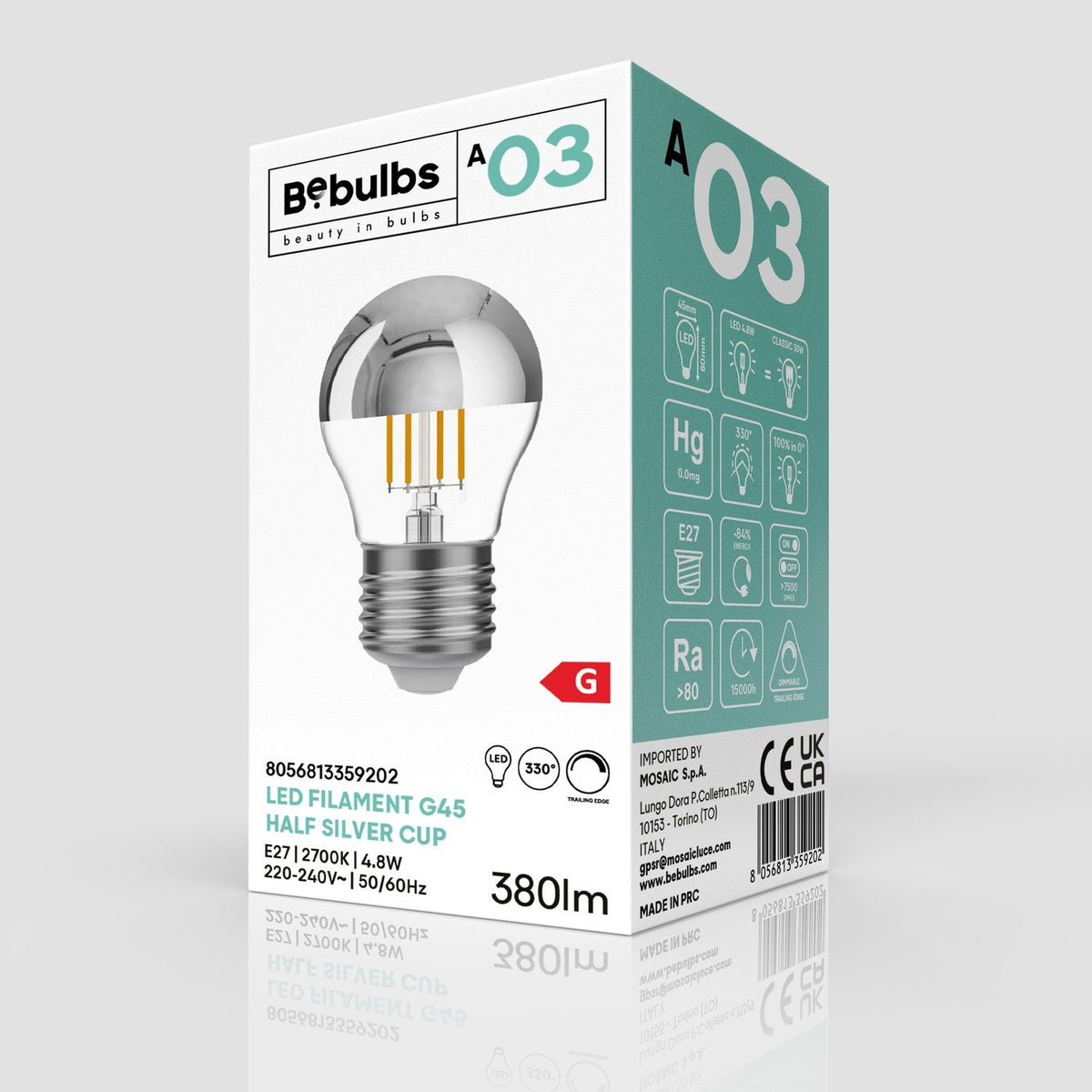 Lampadina LED Mezza Sfera Argento Mini Globo G45 4,8W 380Lm E27 2700K Dimmerabile - A03