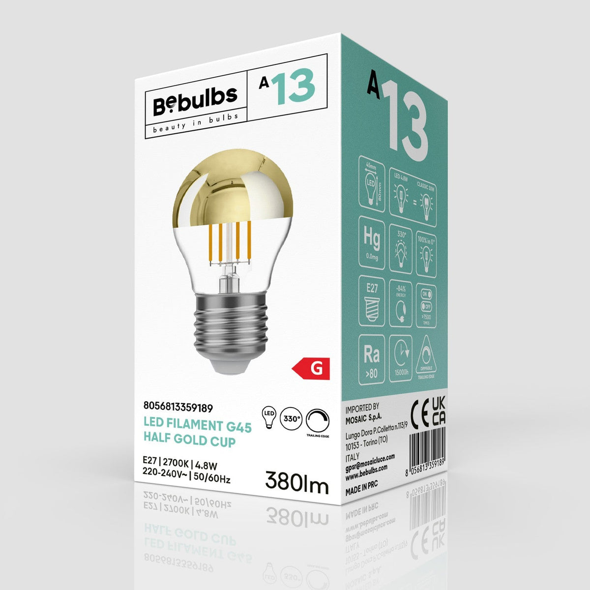 Lampadina LED Mezza Sfera Oro Mini Globo G45 4,8W 380Lm E27 2700K Dimmerabile - A13