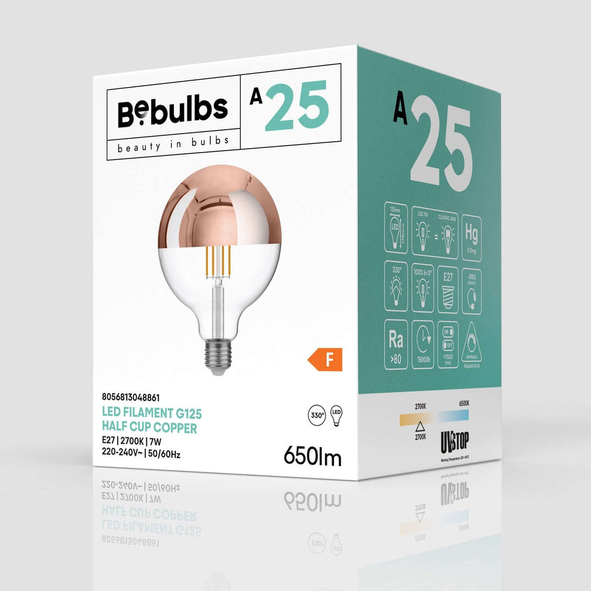 Lampadina LED Mezza Sfera Rame Globo G125 7W 650Lm E27 2700K Dimmerabile - A25