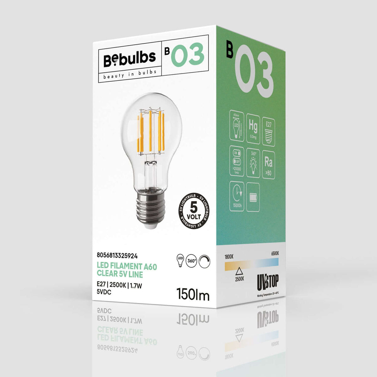 Lampadina LED Trasparente Linea 5V filamento verticale Goccia A60 1,7W 150Lm E27 2500K Dimmerabile - B03