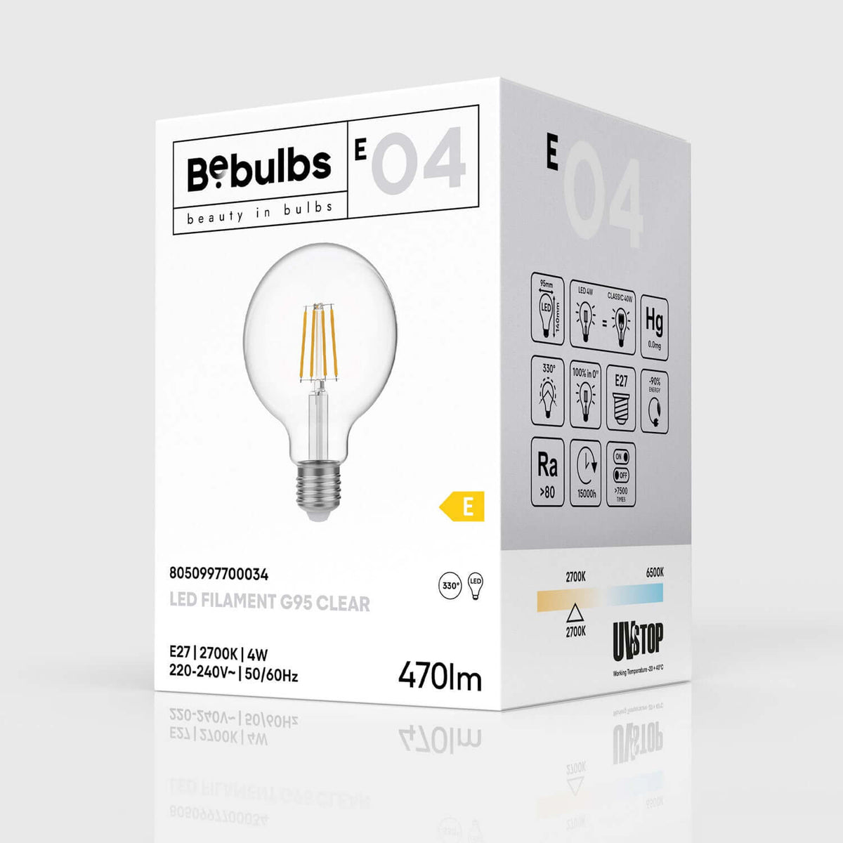 Lampadina LED Trasparente Globo G95 4W 470Lm E27 2700K - E04
