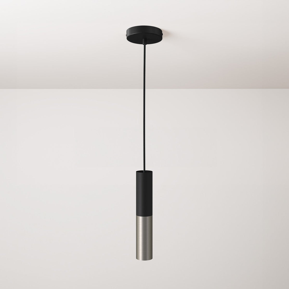 Lampada a sospensione completa di cavo tessile e doppio paralume Tub-E14 - Nero e Titanio satinato