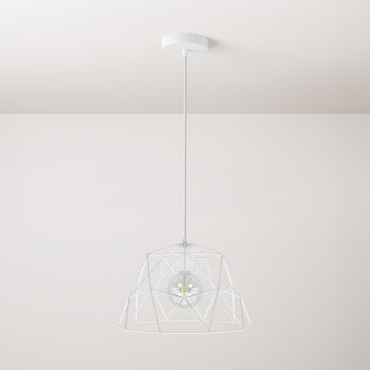 Lampada a sospensione completa di cavo tessile, paralume Dome e finiture in metallo - Bianco