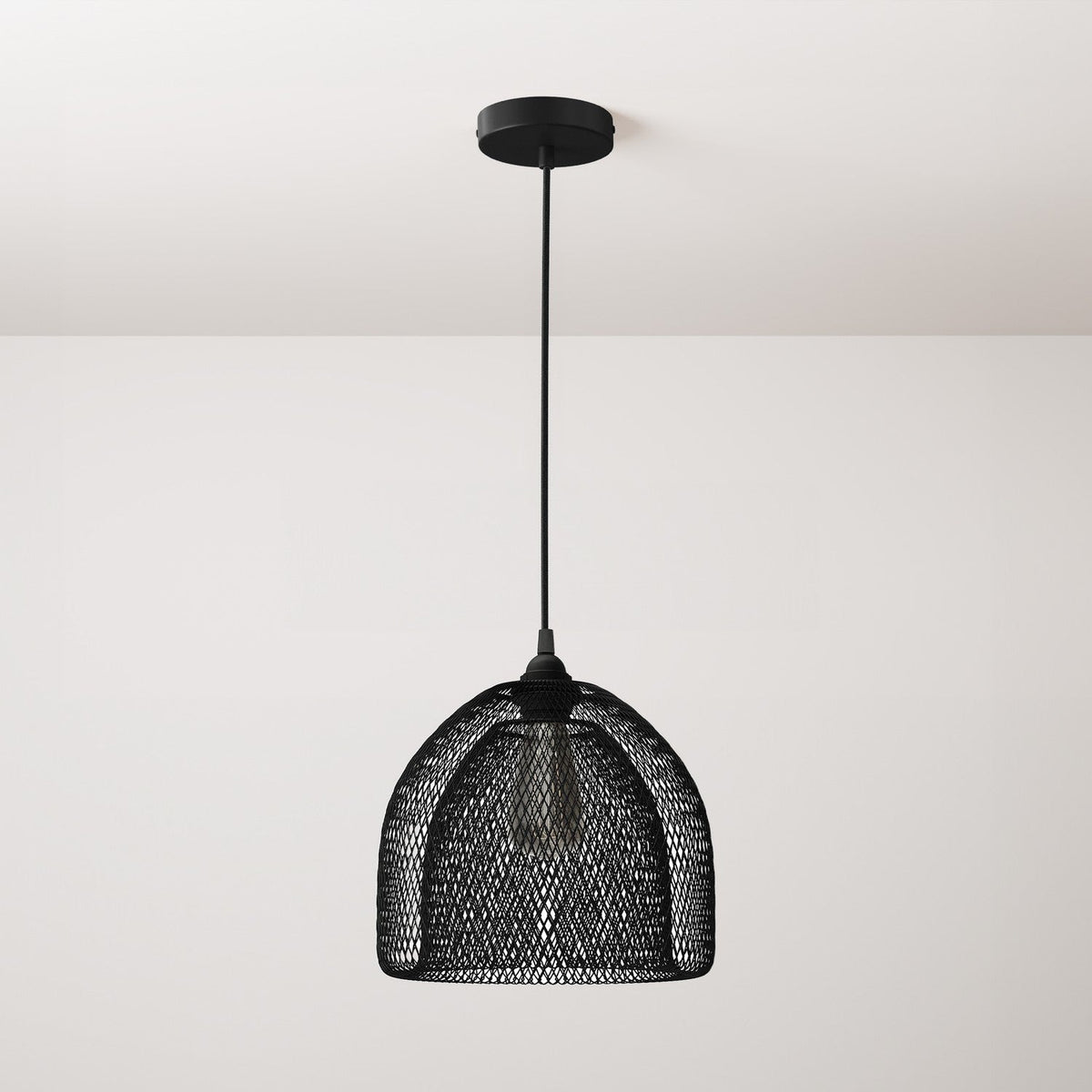 Pendant lamp with textile cable, Ghostbell XL cage lampshade and metal details - Black