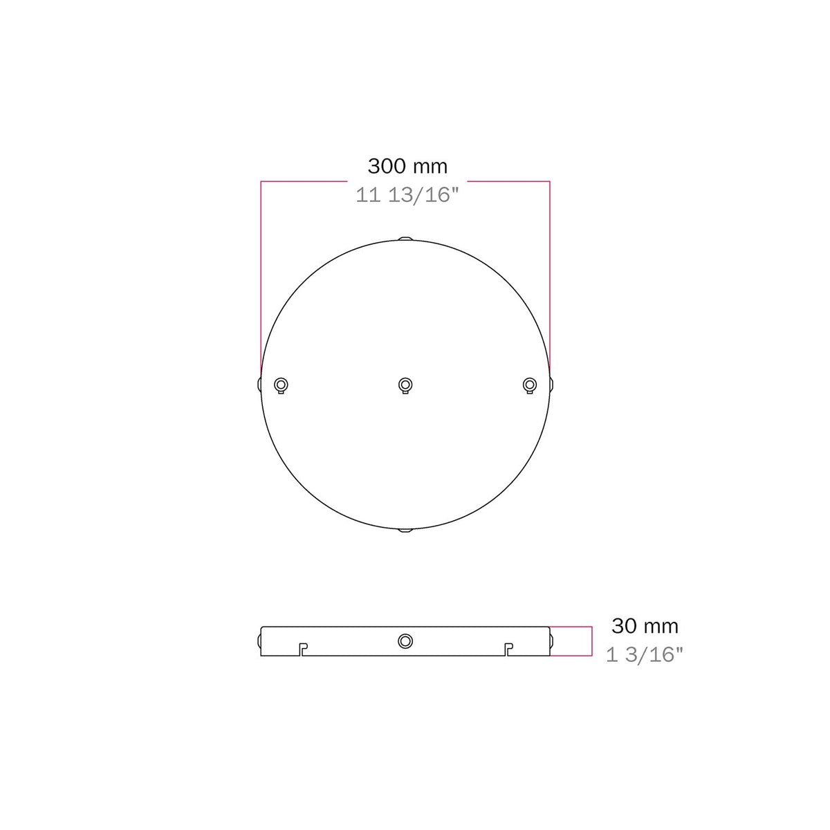 Rosone rotondo in alluminio Ø 30 cm con staffa e cavo di messa a terra, con 3 fori frontali - Bianco Opaco 4