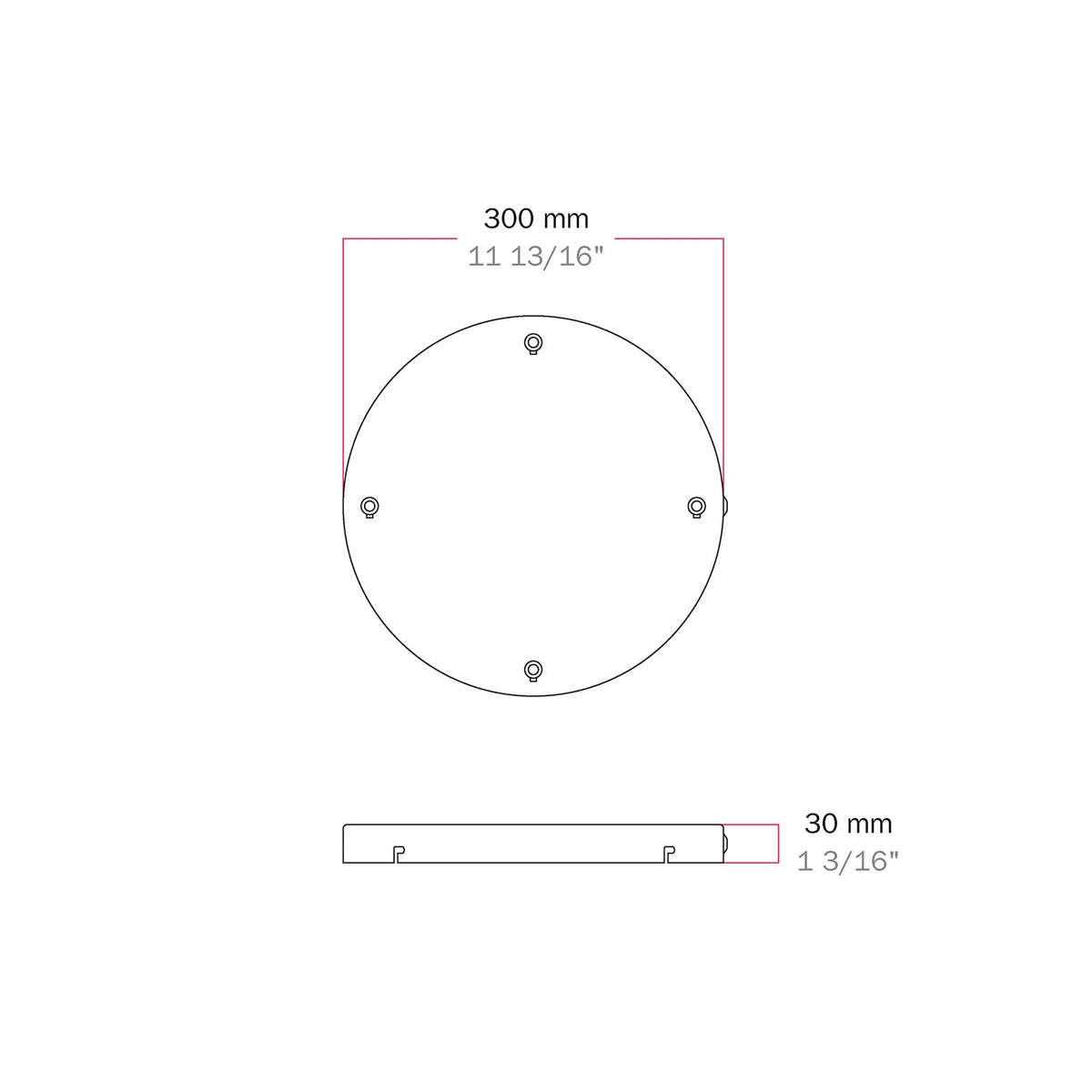 Rosone rotondo in alluminio Ø 30 cm con staffa e cavo di messa a terra, con 4 fori frontali - Bianco Opaco 1