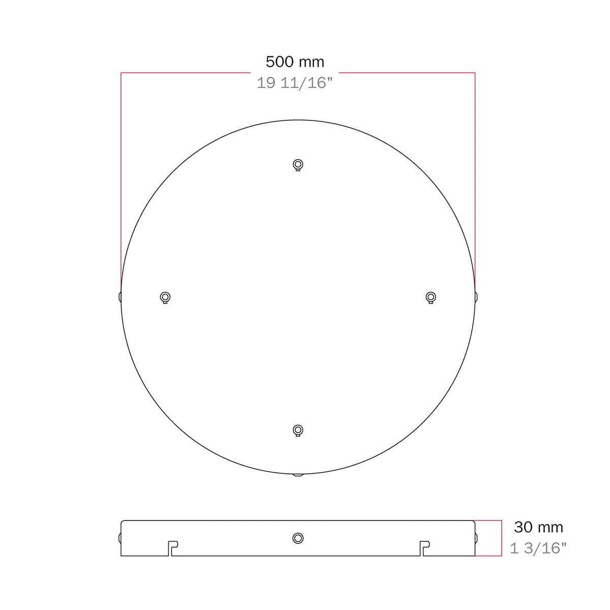 Rosone rotondo in alluminio Ø 50 cm con staffa e cavo di messa a terra, con 4 fori frontali - Bianco Opaco 3