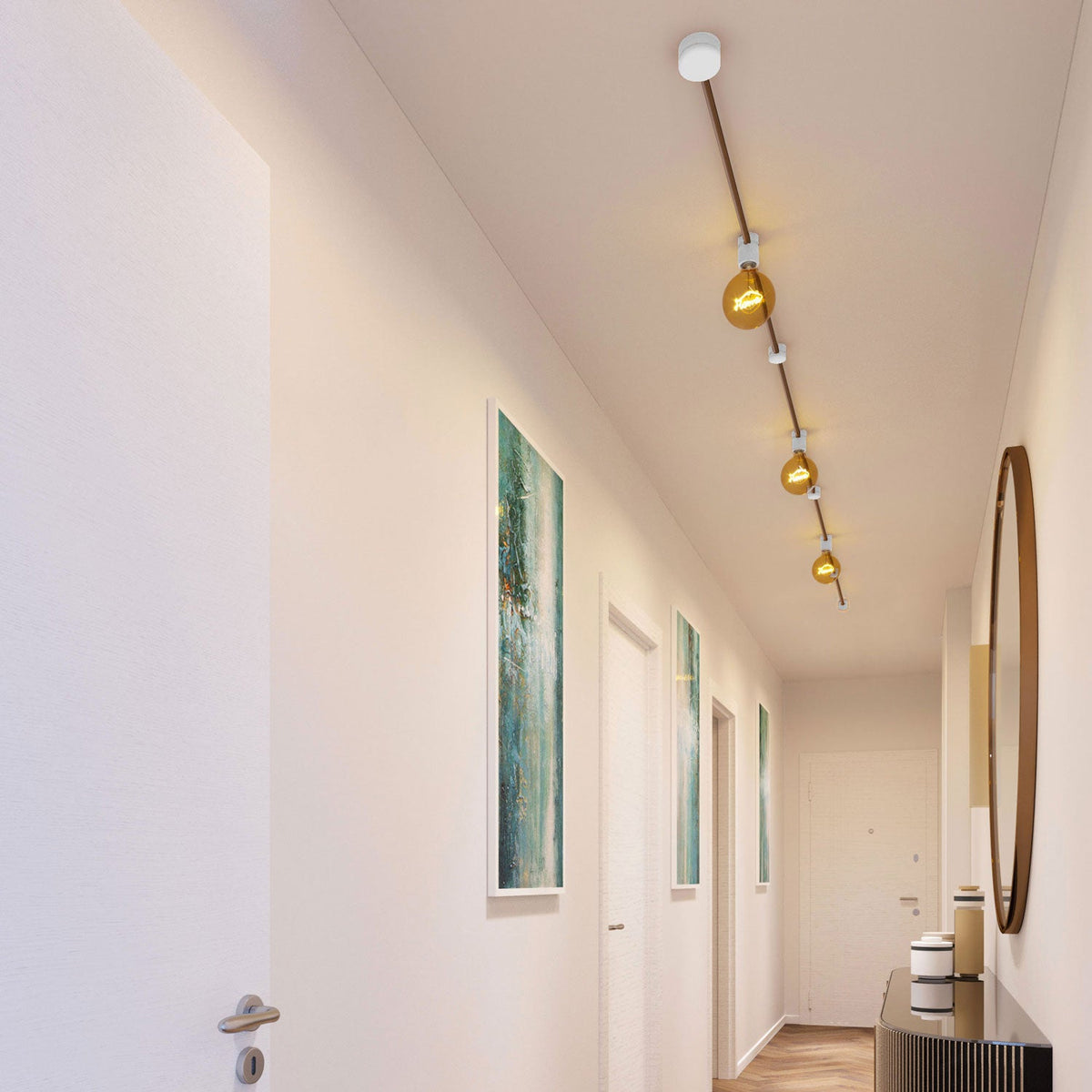 Sistema Filé Linear Kit - con cavo CM27 di 5 m per catenaria e 7 componenti in legno verniciato bianco per interni