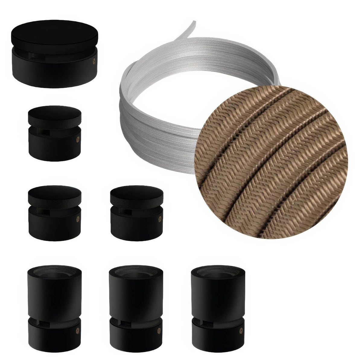 Sistema Filé Linear Kit - con cavo CM27 di 5 m per catenaria e 7 componenti in legno verniciato nero per interni