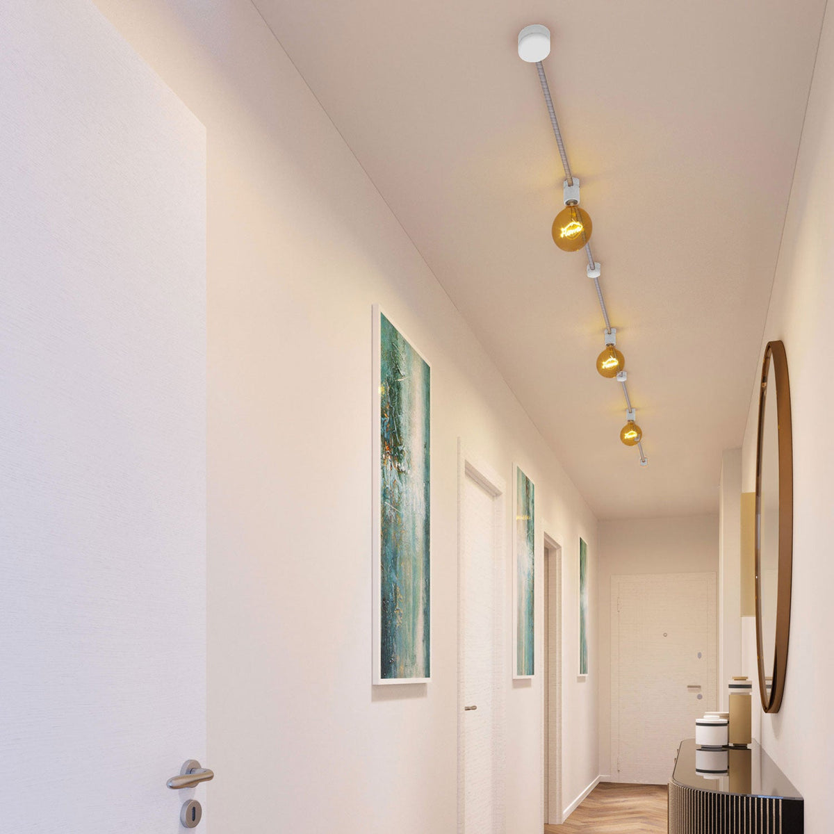 Sistema Filé Linear Kit - con cavo ECC37 di 5 m per catenaria e 7 componenti in legno verniciato bianco per interni