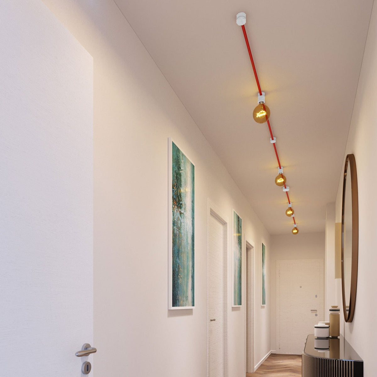 Sistema Filé Symmetric Kit - con cavo CM09 di 5 m per catenaria e 9 componenti in legno verniciato bianco per interni