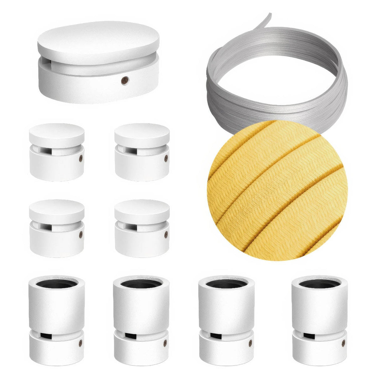 Sistema Filé Symmetric Kit - con cavo CM10 di 5 m per catenaria e 9 componenti in legno verniciato bianco per interni