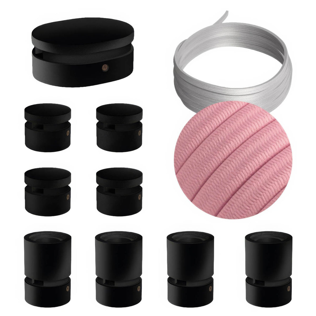 Sistema Filé Symmetric Kit - con cavo CM16 di 5 m per catenaria e 9 componenti in legno verniciato nero per interni