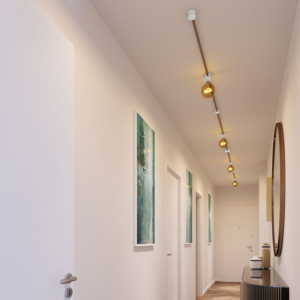 Sistema Filé Symmetric Kit - con cavo CM27 di 5 m per catenaria e 9 componenti in legno verniciato bianco per interni