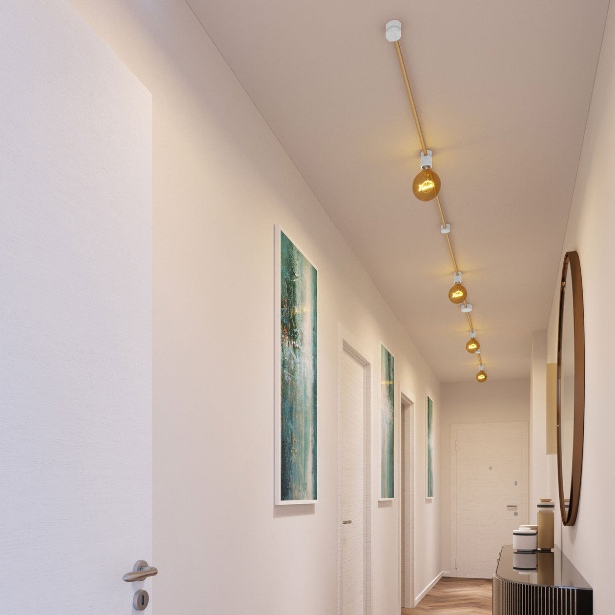 Sistema Filé Symmetric Kit - con cavo CN06 di 5 m per catenaria e 9 componenti in legno verniciato bianco per interni