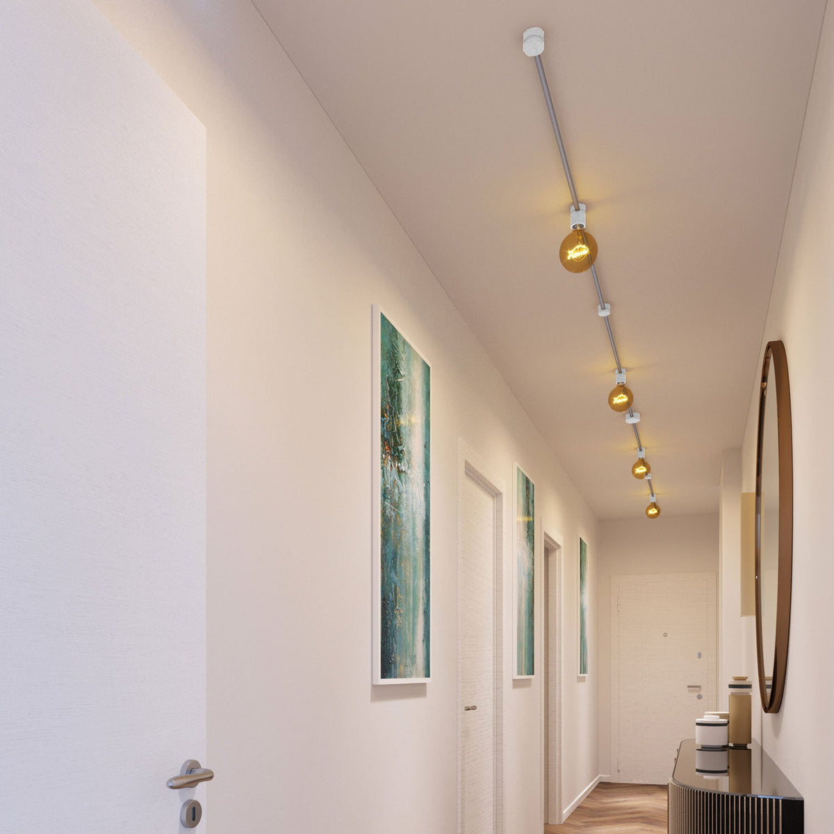 Sistema Filé Symmetric Kit - con cavo CZ04 di 5 m per catenaria e 9 componenti in legno verniciato bianco per interni