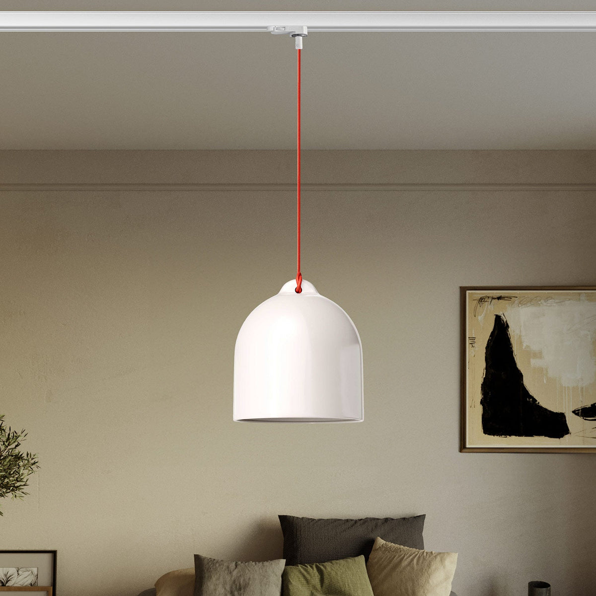 Sospensione per binari con paralume Campana M in ceramica - Bianco lucido