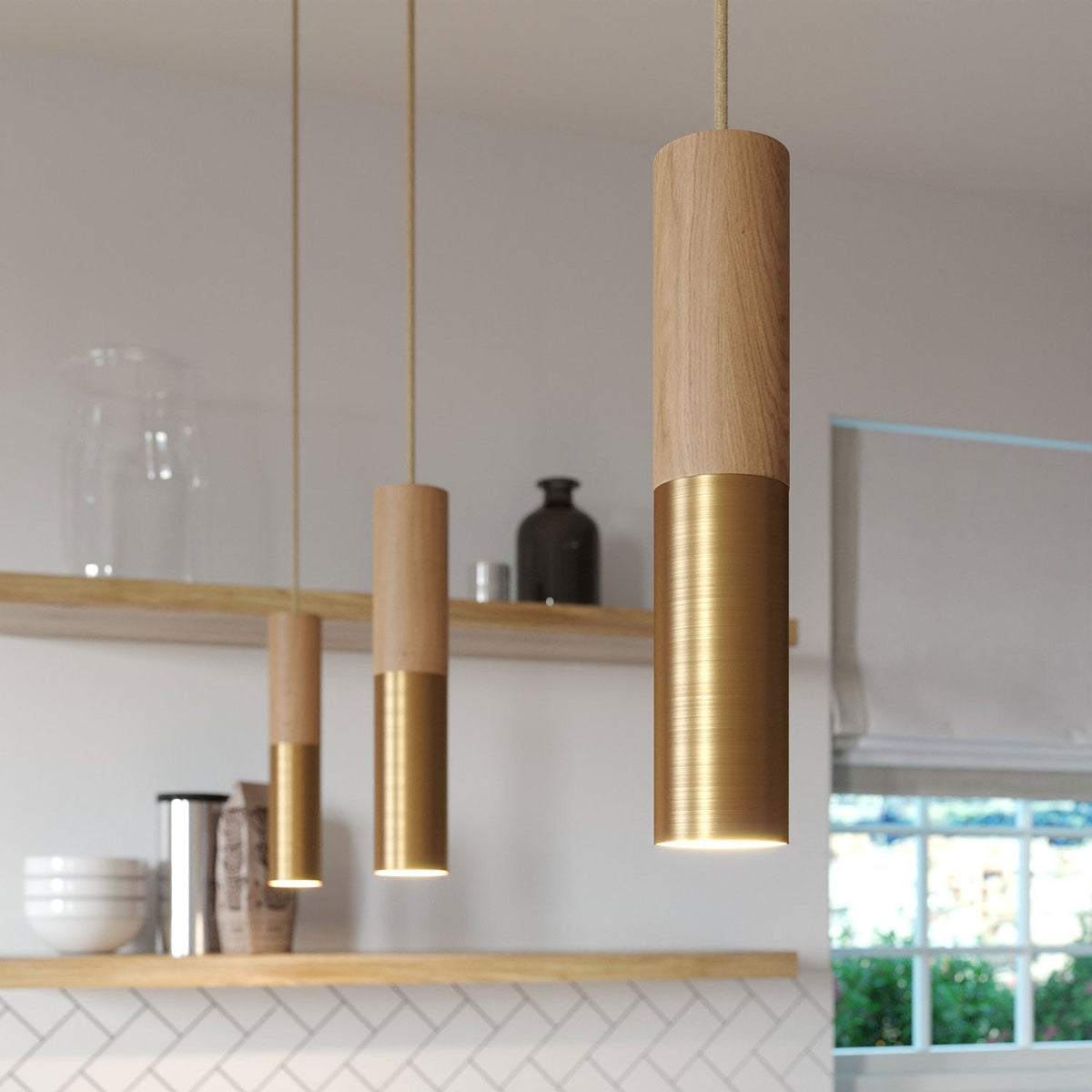 Tub-E14, tubo in legno e metallo per faretto con portalampada doppia ghiera E14 - Neutro e Bronzo satinato